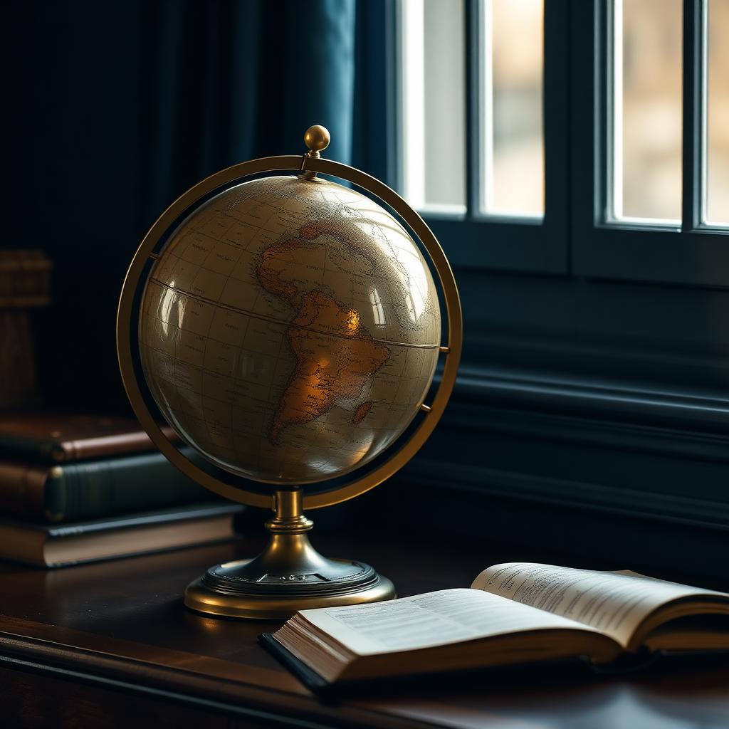 Brass globe on a dark walnut desk